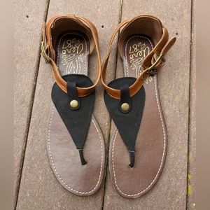 Aero 87 black brown T-strap buckle sandals women's size 12